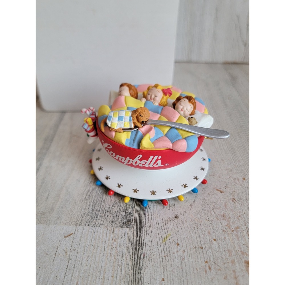 Vintage Campbell's soup sleeping kids bed ornament Xmas dog bowl unique